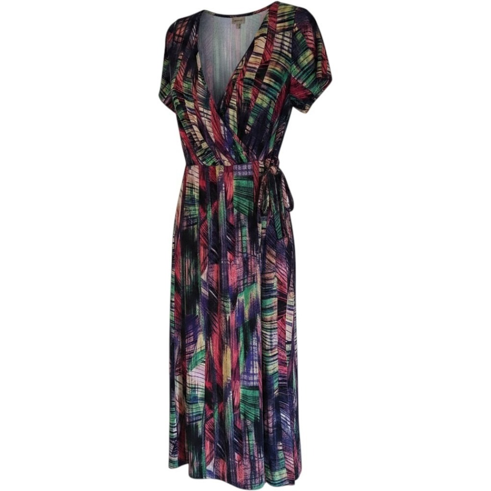 Avenue 14 16 NWT Colorful Abstract Print Faux Wrap Belted Dress Purple Black